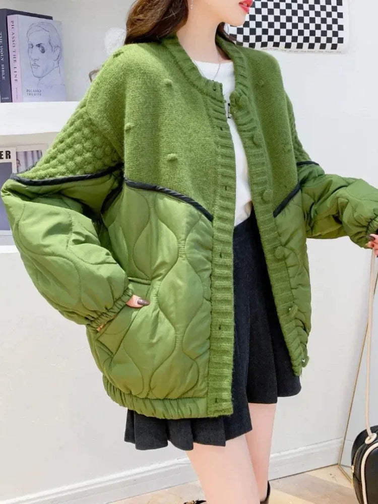 Quilted Padded Cardigan with Bobble Knit and Contrast Piping