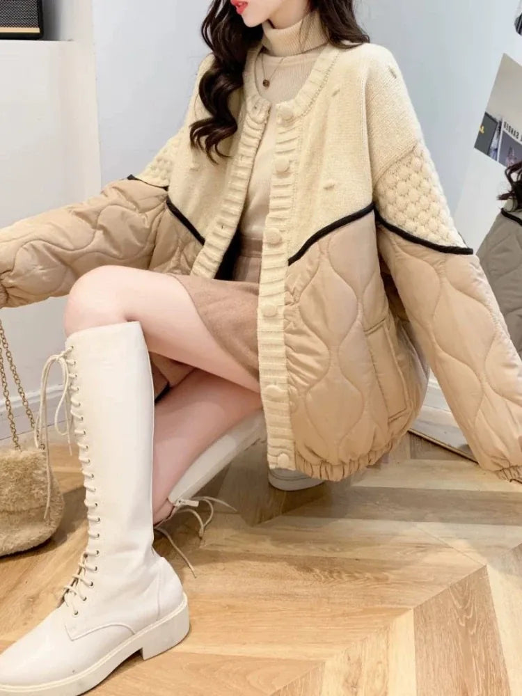 Quilted Padded Cardigan with Bobble Knit and Contrast Piping