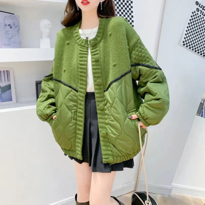 Quilted Padded Cardigan with Bobble Knit and Contrast Piping