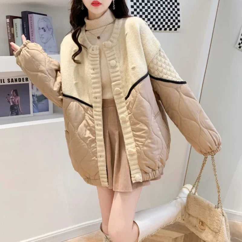 Quilted Padded Cardigan with Bobble Knit and Contrast Piping