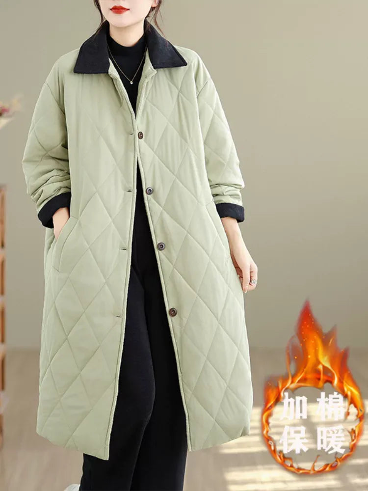 Quilted Padded Coat with Contrast Corduroy Collar
