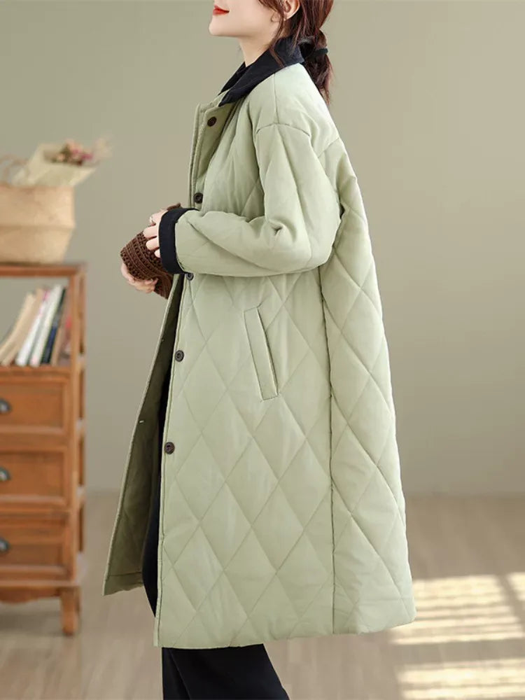 Quilted Padded Coat with Contrast Corduroy Collar