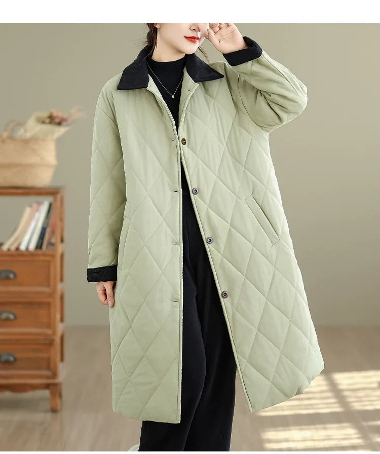 Quilted Padded Coat with Contrast Corduroy Collar