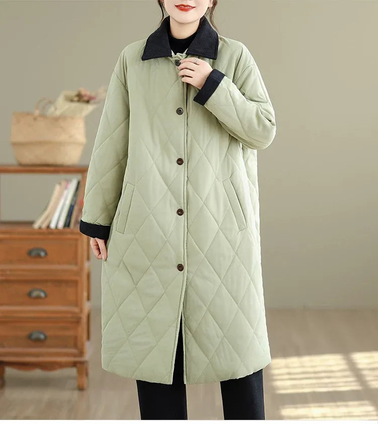 Quilted Padded Coat with Contrast Corduroy Collar