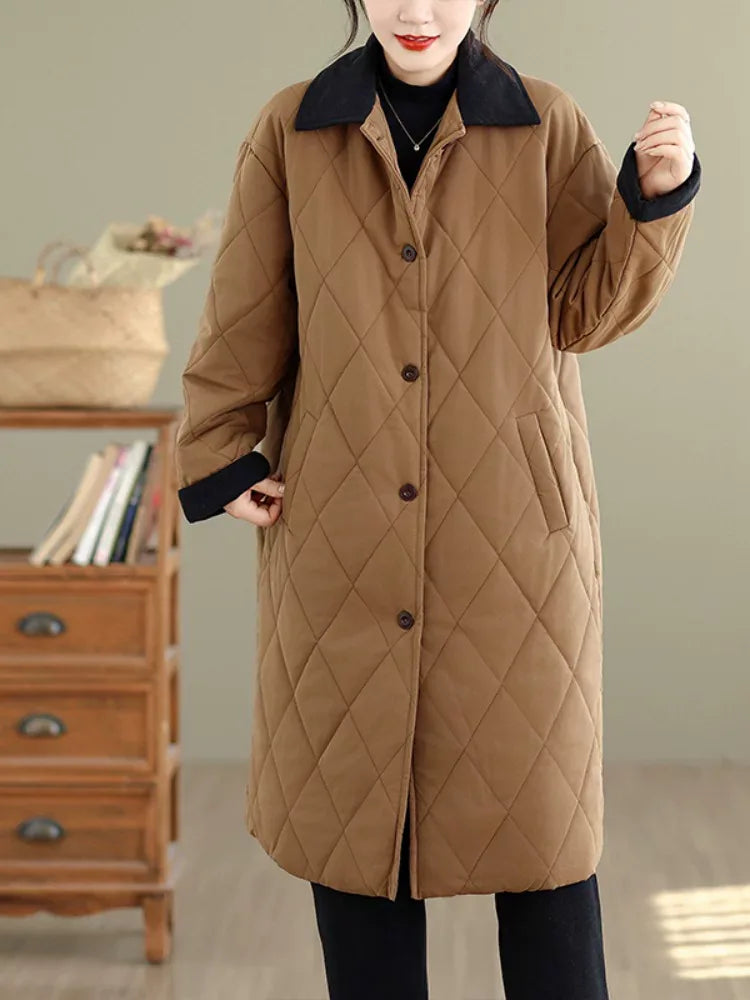 Quilted Padded Coat with Contrast Corduroy Collar