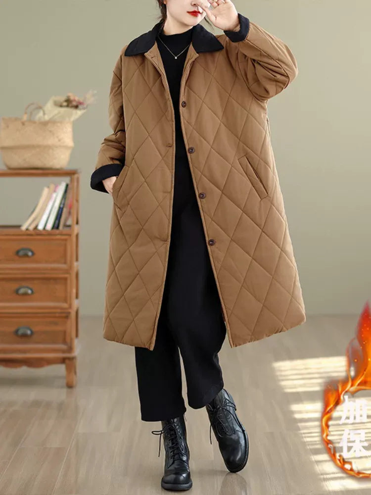 Quilted Padded Coat with Contrast Corduroy Collar