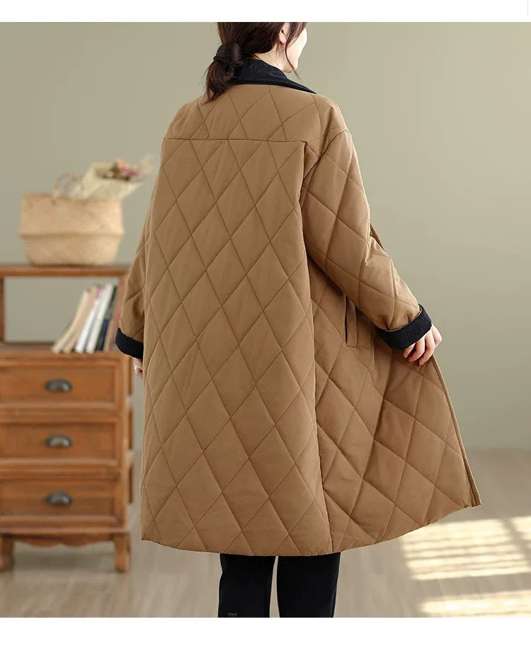 Quilted Padded Coat with Contrast Corduroy Collar