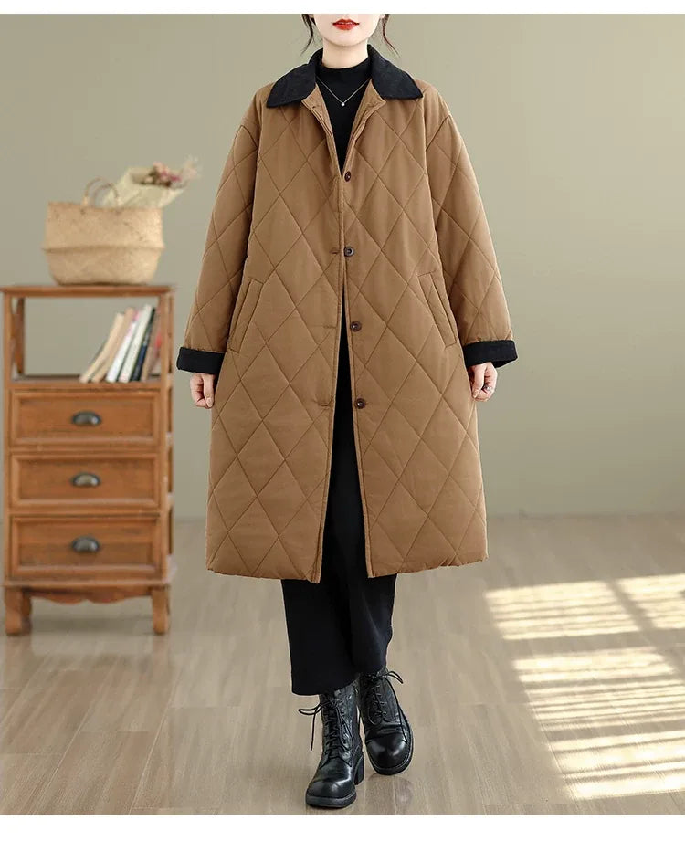 Quilted Padded Coat with Contrast Corduroy Collar