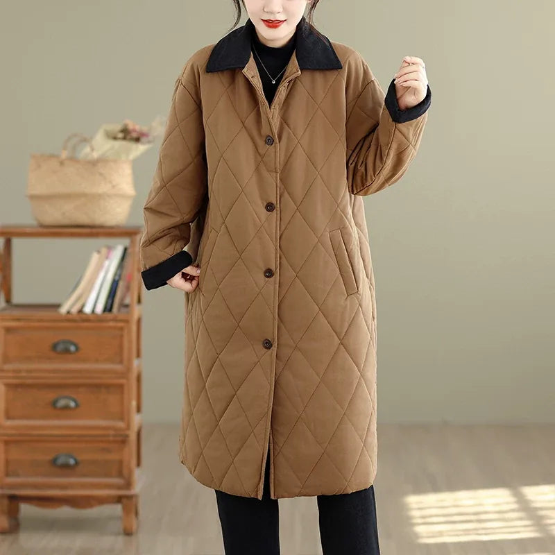 Quilted Padded Coat with Contrast Corduroy Collar