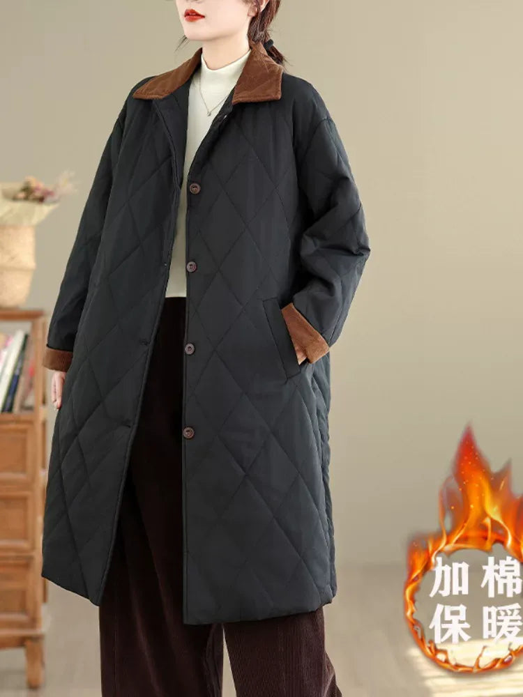 Quilted Padded Coat with Contrast Corduroy Collar