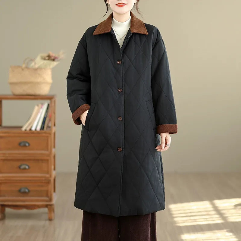 Quilted Padded Coat with Contrast Corduroy Collar
