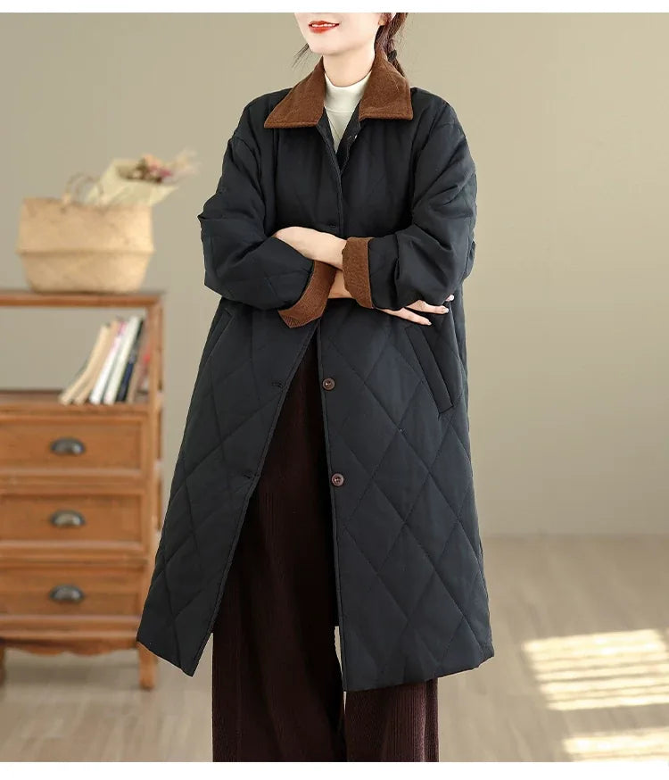Quilted Padded Coat with Contrast Corduroy Collar