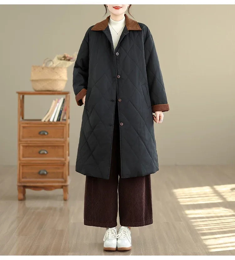 Quilted Padded Coat with Contrast Corduroy Collar