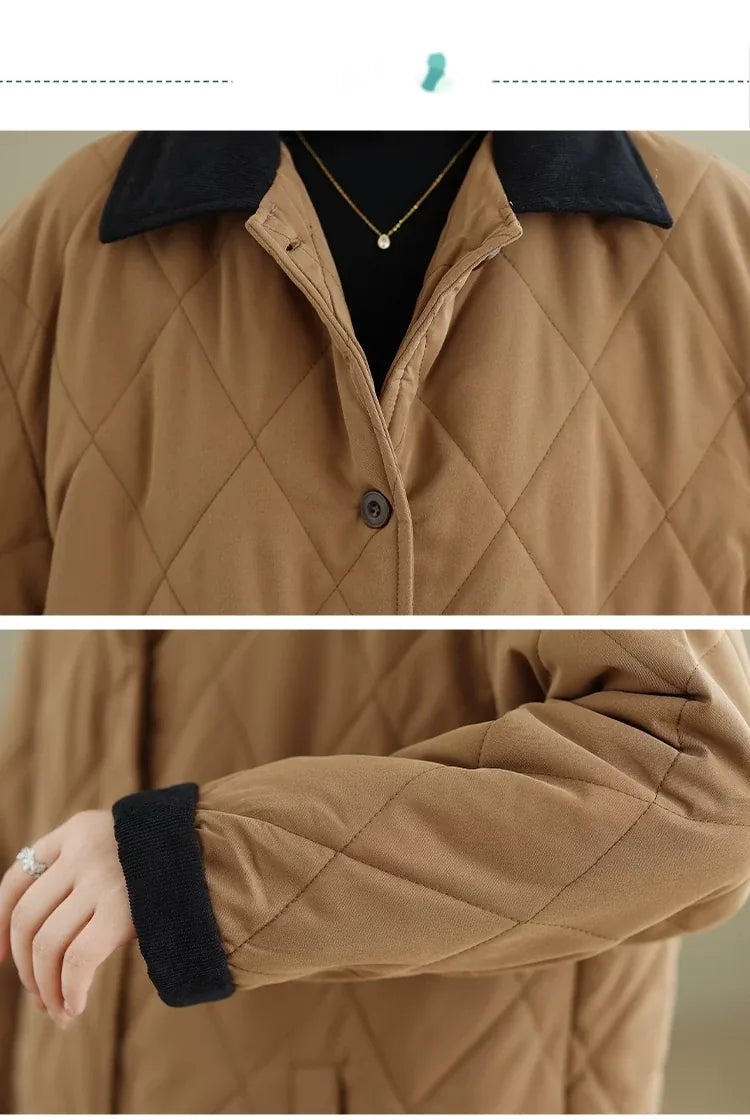 Quilted Padded Coat with Contrast Corduroy Collar