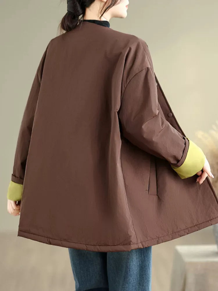 Quilted Padded Coat with Contrast Cuffs and Round Neck