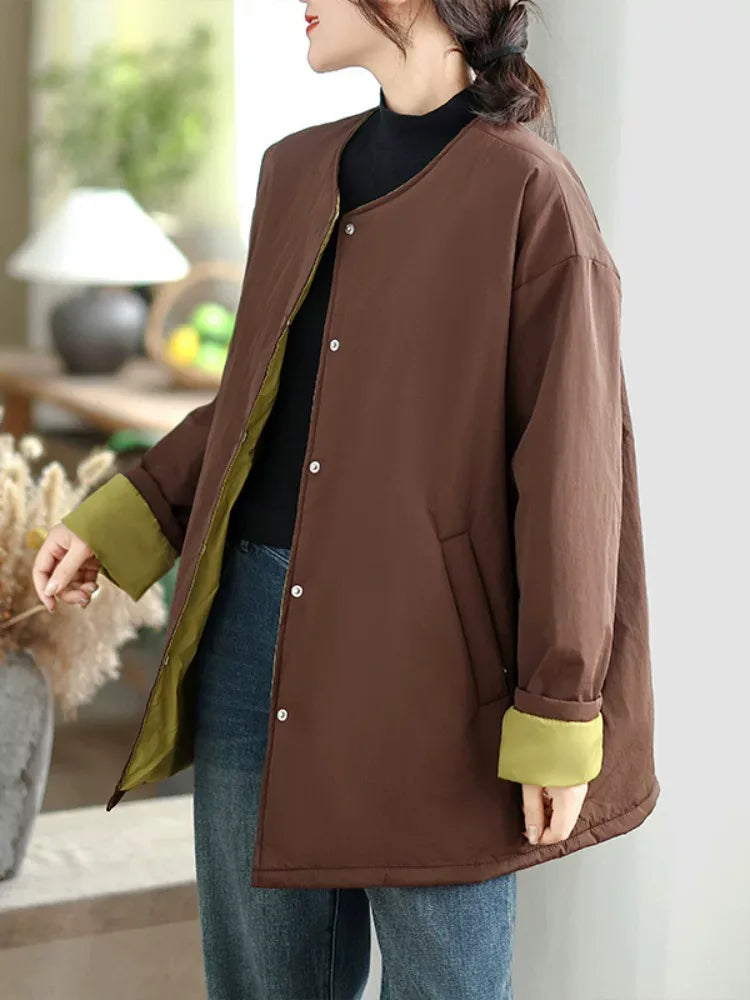 Quilted Padded Coat with Contrast Cuffs and Round Neck
