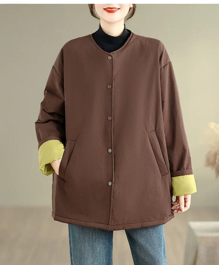 Quilted Padded Coat with Contrast Cuffs and Round Neck