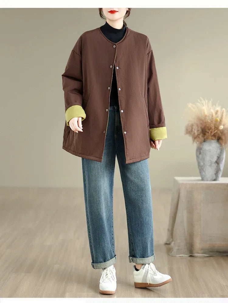 Quilted Padded Coat with Contrast Cuffs and Round Neck