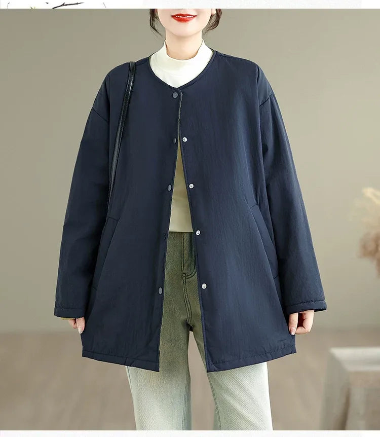 Quilted Padded Coat with Contrast Cuffs and Round Neck