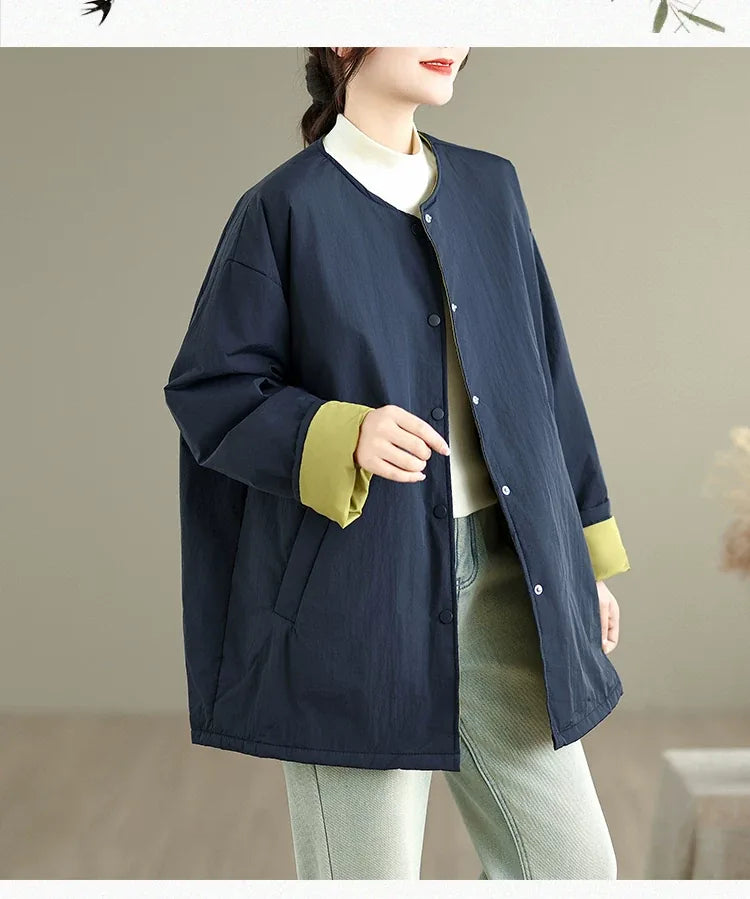 Quilted Padded Coat with Contrast Cuffs and Round Neck