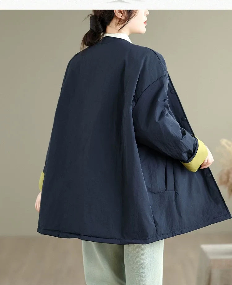 Quilted Padded Coat with Contrast Cuffs and Round Neck