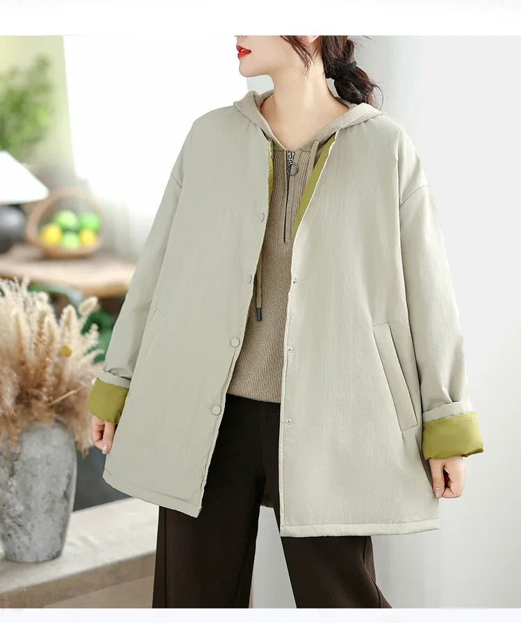 Quilted Padded Coat with Contrast Cuffs and Round Neck