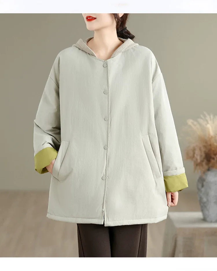 Quilted Padded Coat with Contrast Cuffs and Round Neck