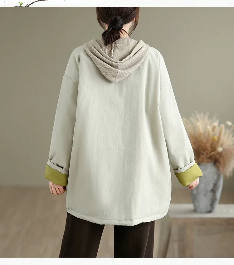 Quilted Padded Coat with Contrast Cuffs and Round Neck