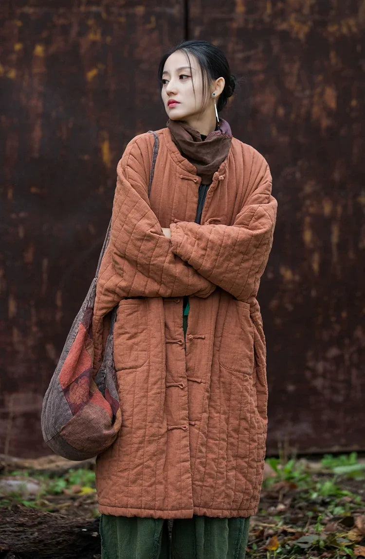 Quilted Padded Coat with Mandarin Collar and Frog Buttons