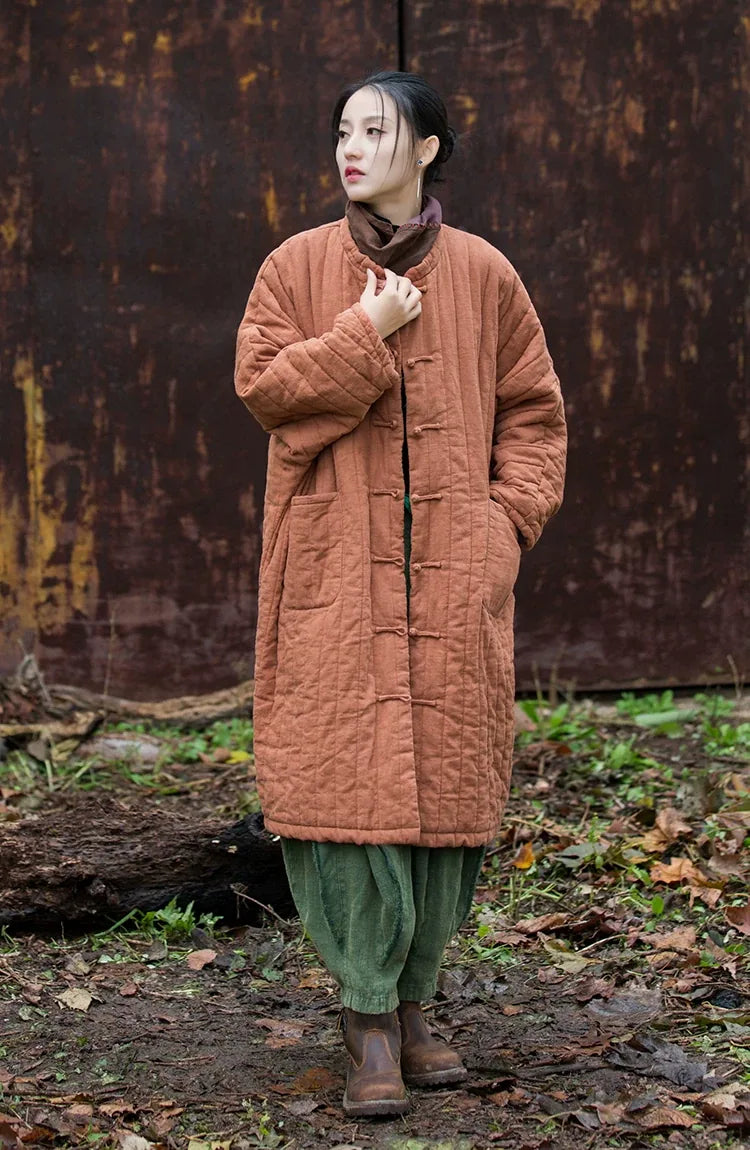 Quilted Padded Coat with Mandarin Collar and Frog Buttons