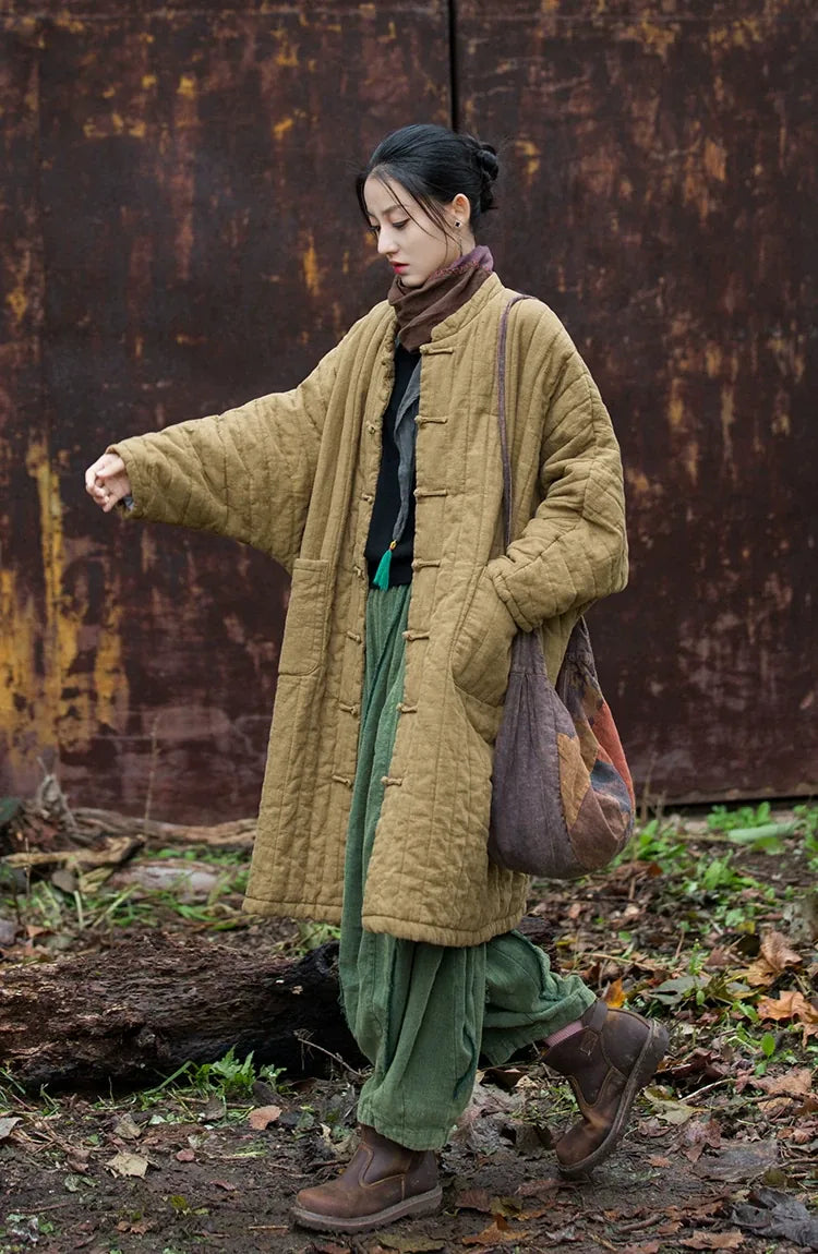 Quilted Padded Coat with Mandarin Collar and Frog Buttons