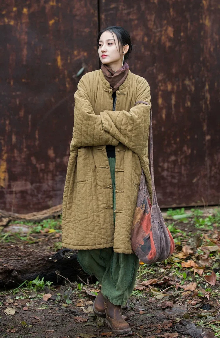 Quilted Padded Coat with Mandarin Collar and Frog Buttons