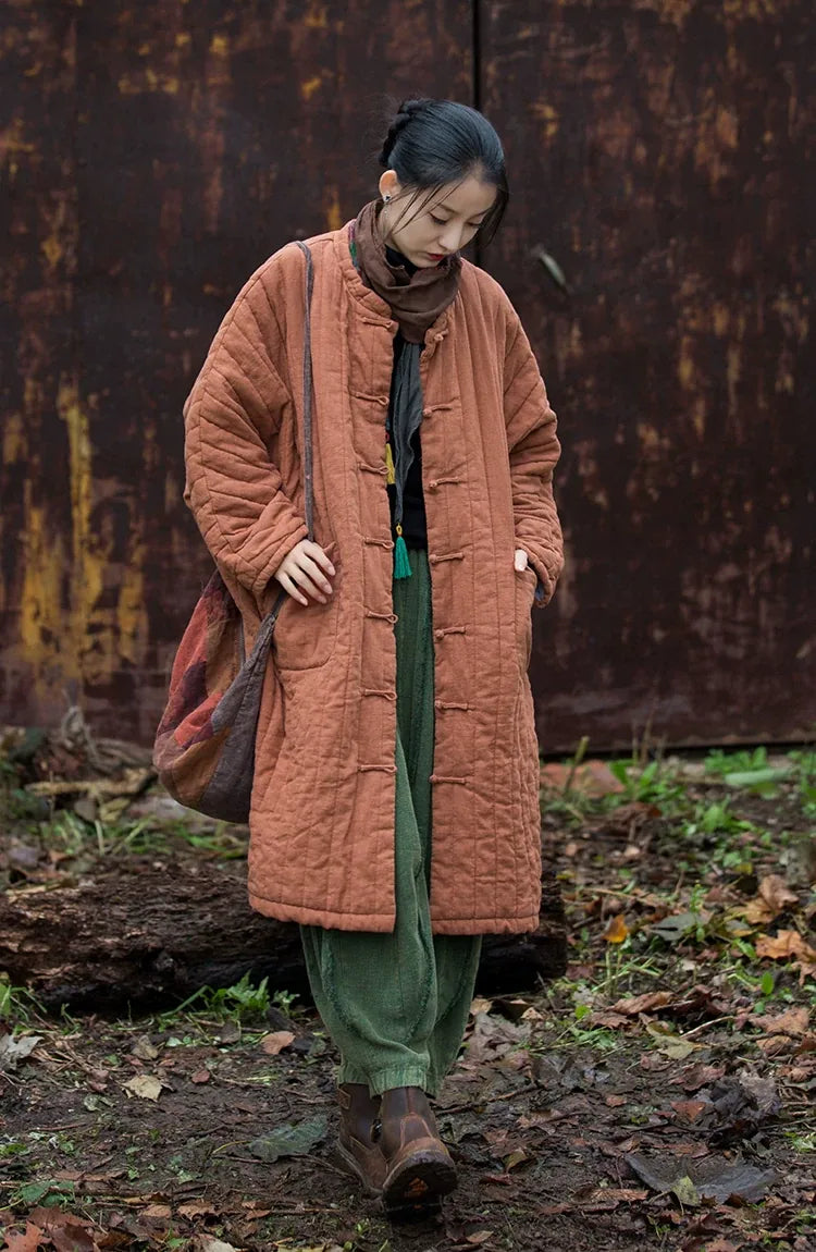 Quilted Padded Coat with Mandarin Collar and Frog Buttons