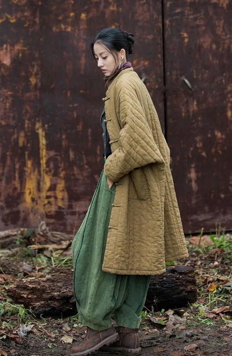 Quilted Padded Coat with Mandarin Collar and Frog Buttons