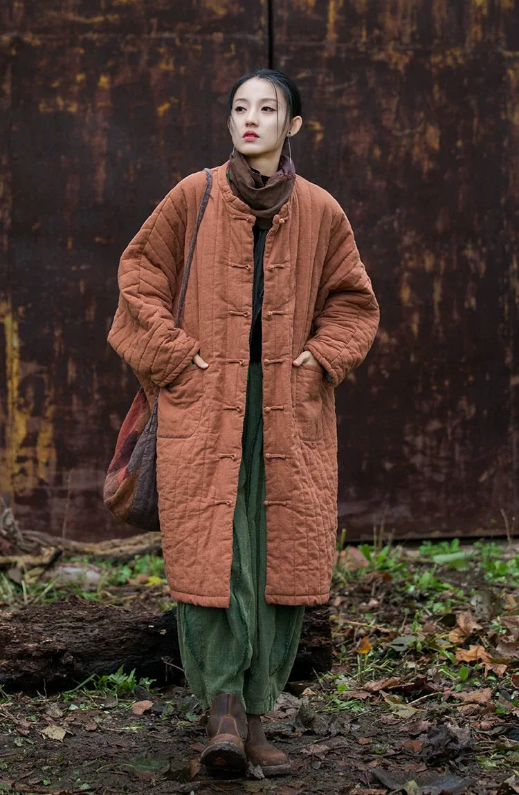 Quilted Padded Coat with Mandarin Collar and Frog Buttons