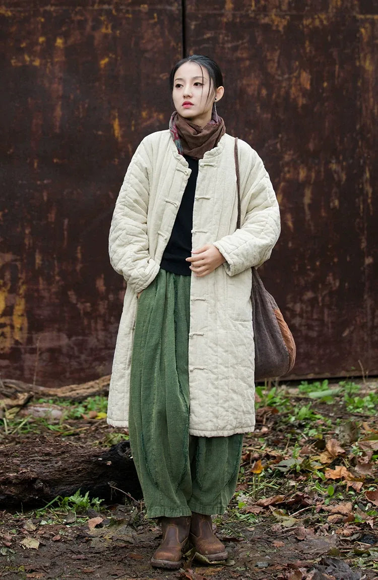 Quilted Padded Coat with Mandarin Collar and Frog Buttons