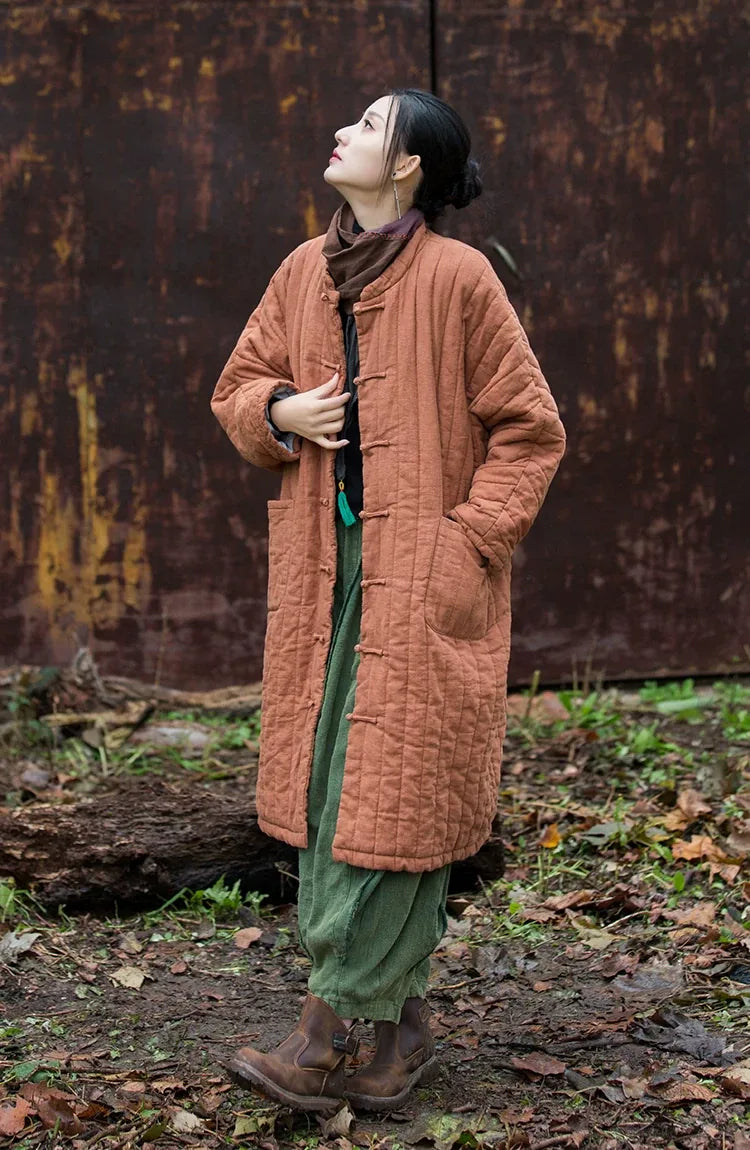 Quilted Padded Coat with Mandarin Collar and Frog Buttons