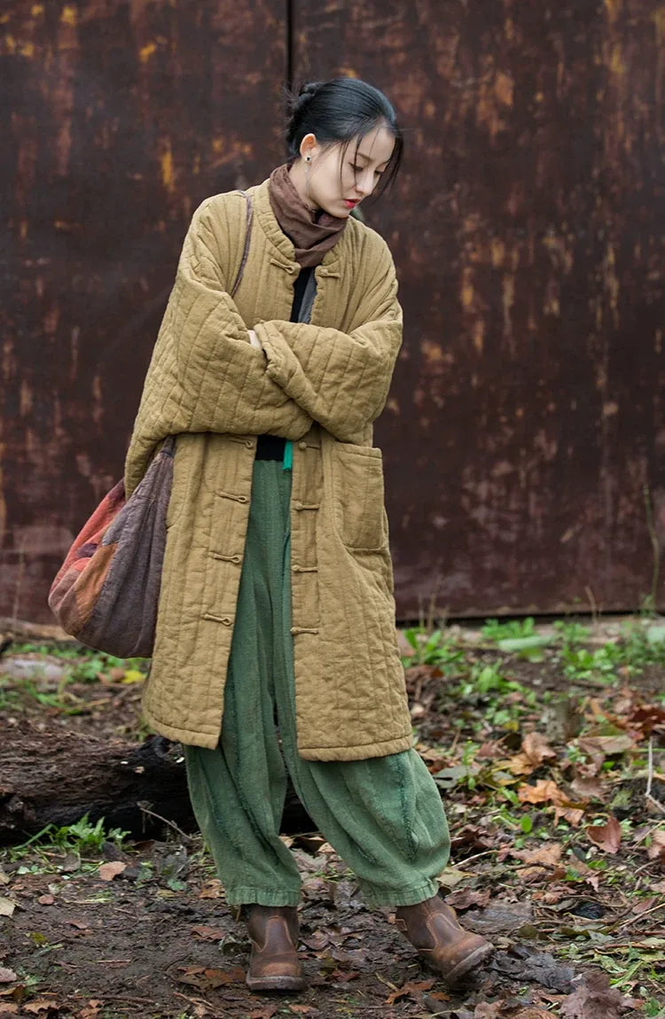 Quilted Padded Coat with Mandarin Collar and Frog Buttons