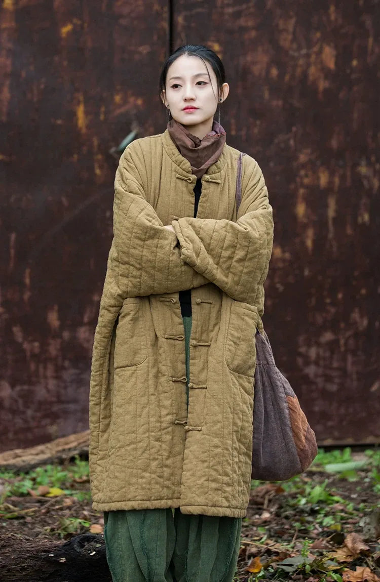 Quilted Padded Coat with Mandarin Collar and Frog Buttons