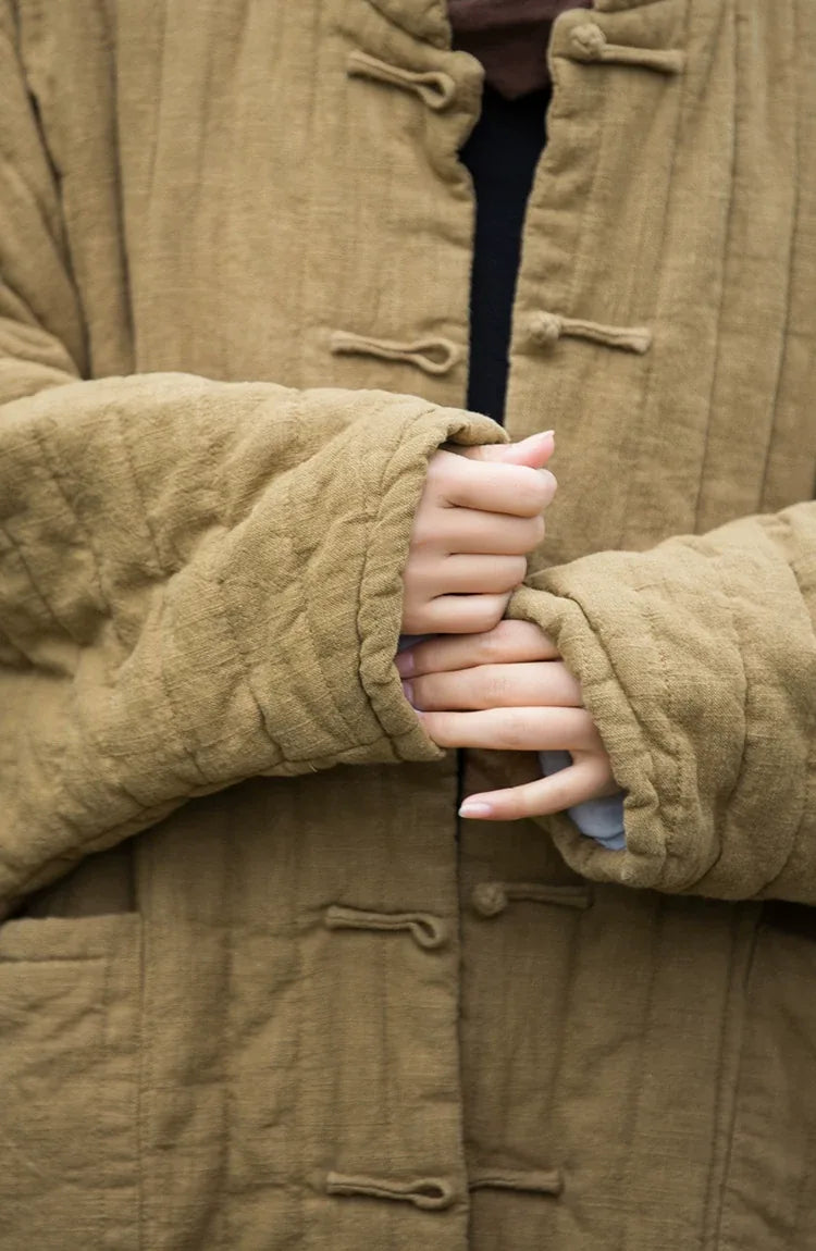 Quilted Padded Coat with Mandarin Collar and Frog Buttons