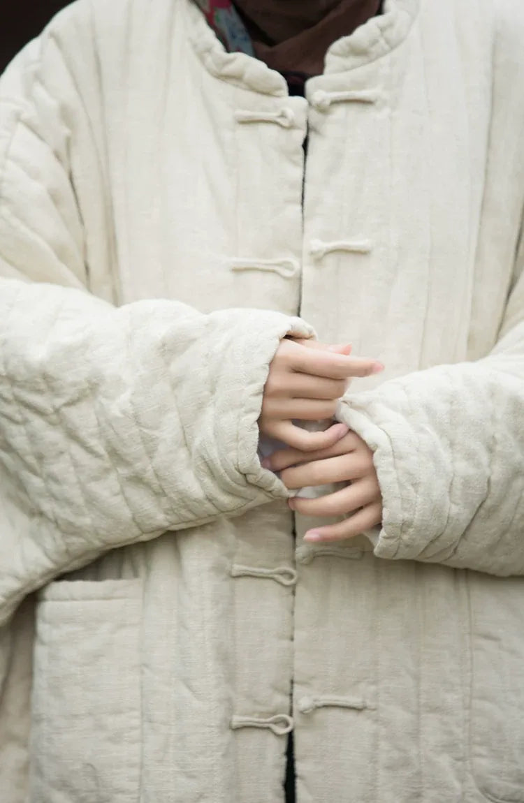 Quilted Padded Coat with Mandarin Collar and Frog Buttons