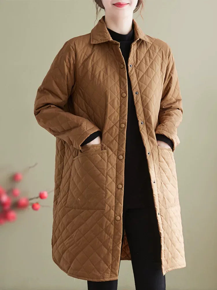 Quilted Padded Coat with Shirt Collar and Patch Pockets