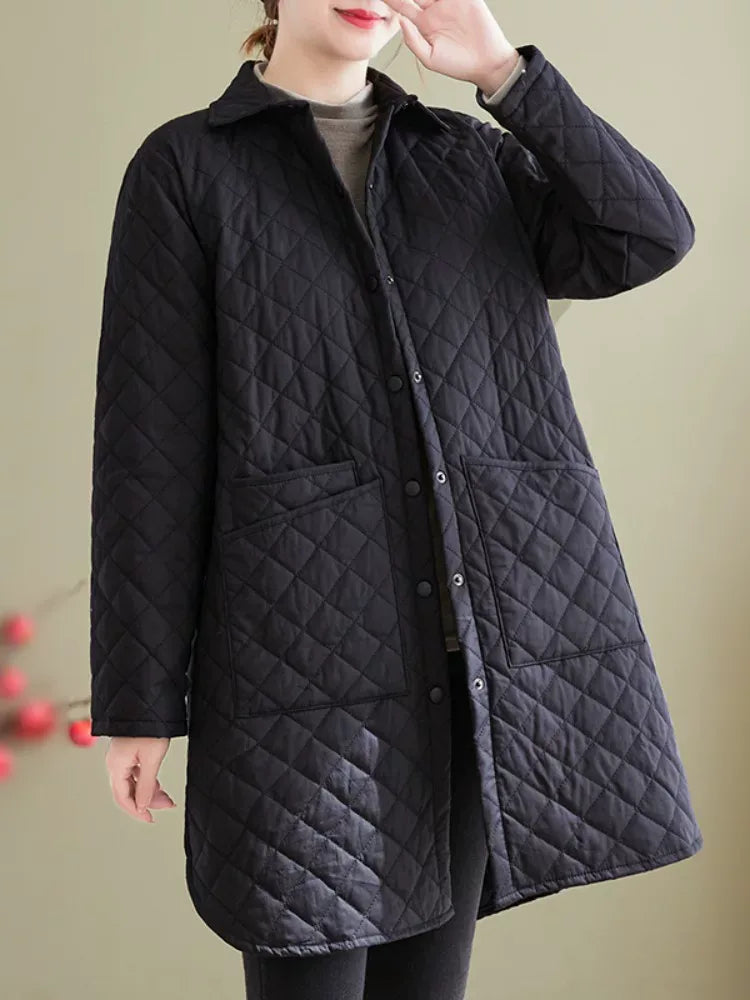 Quilted Padded Coat with Shirt Collar and Patch Pockets