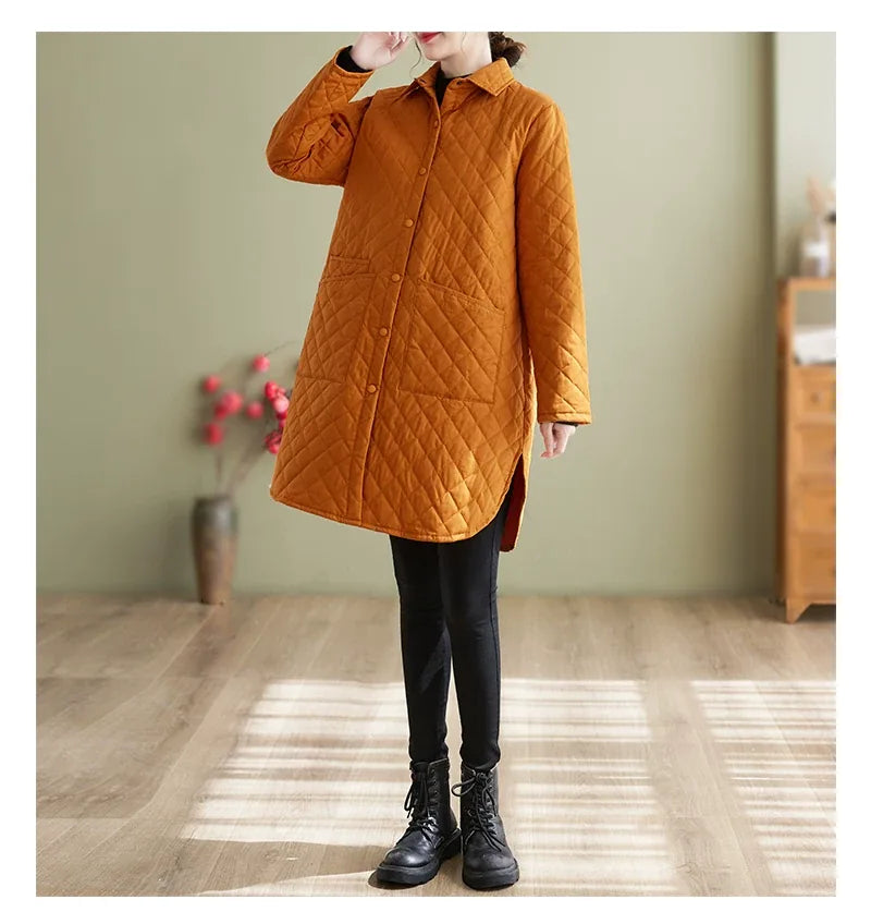 Quilted Padded Coat with Shirt Collar and Patch Pockets