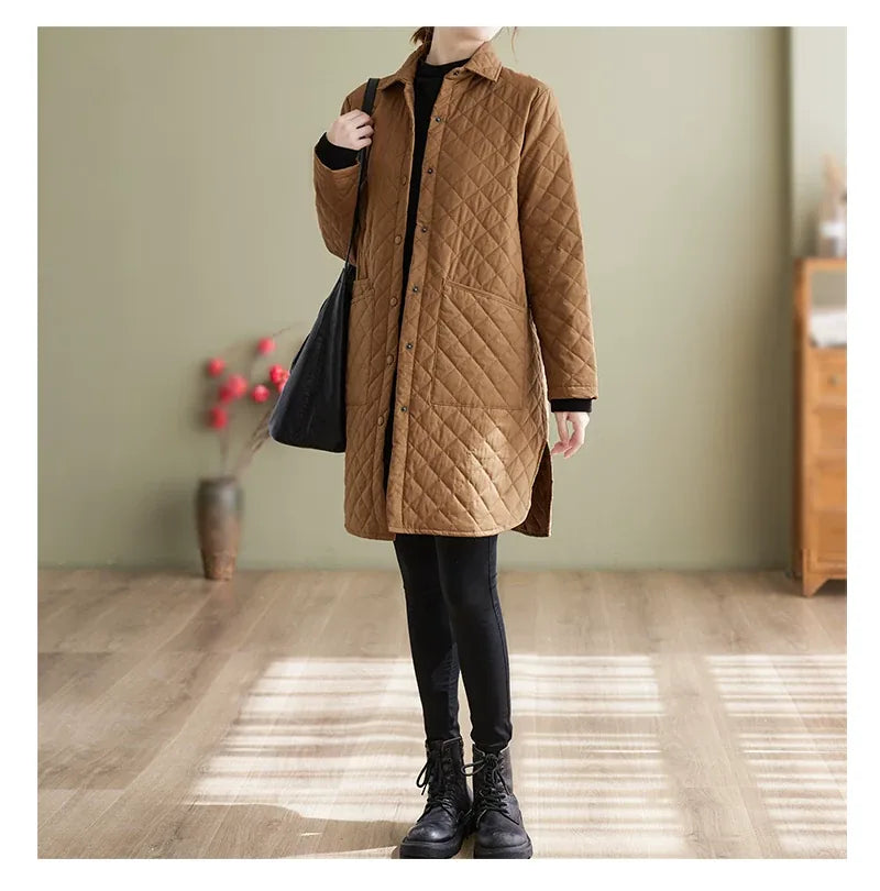 Quilted Padded Coat with Shirt Collar and Patch Pockets