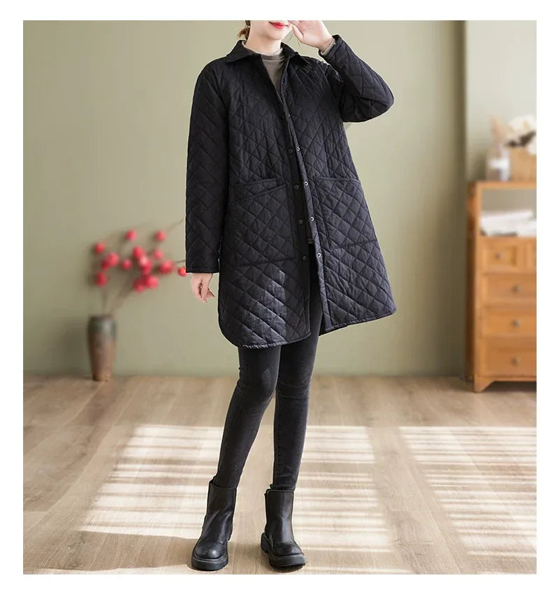 Quilted Padded Coat with Shirt Collar and Patch Pockets