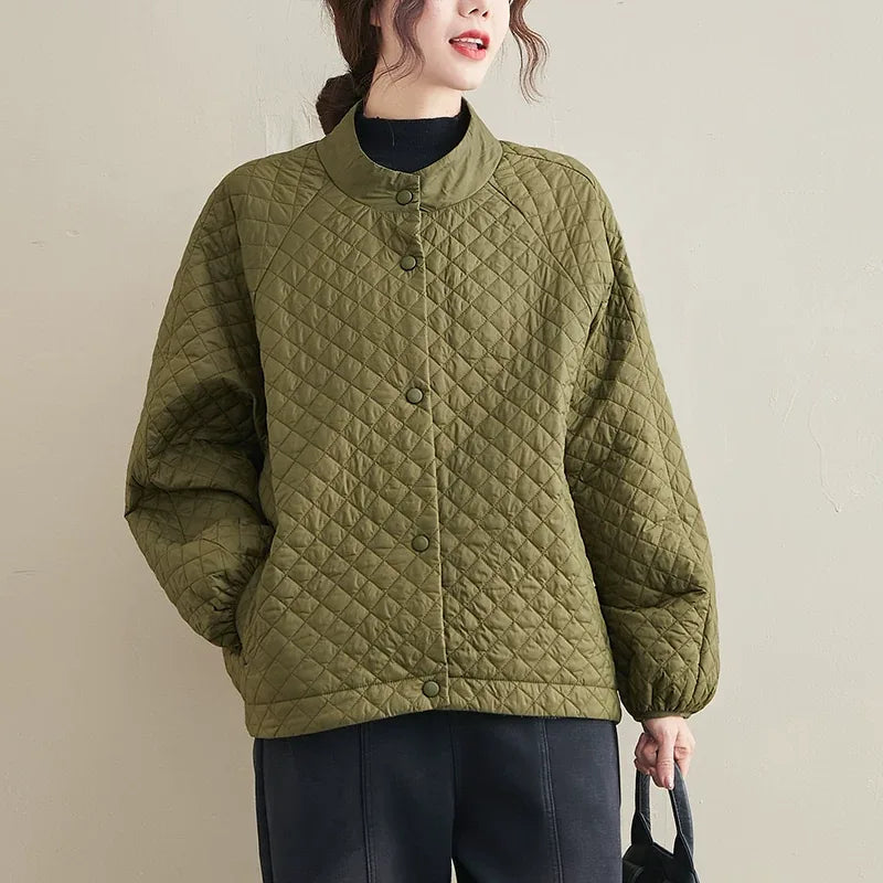 Quilted Padded Jacket Stand Collar Button Front