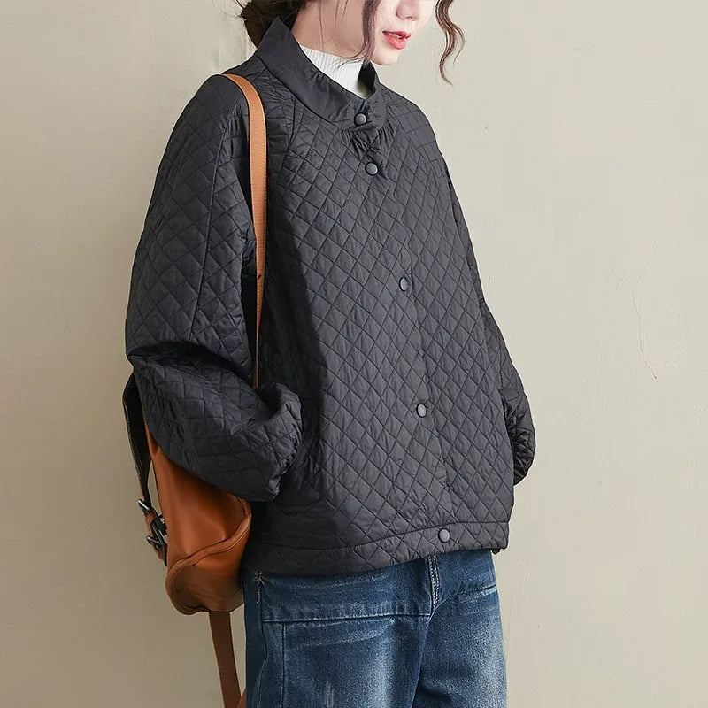 Quilted Padded Jacket Stand Collar Button Front
