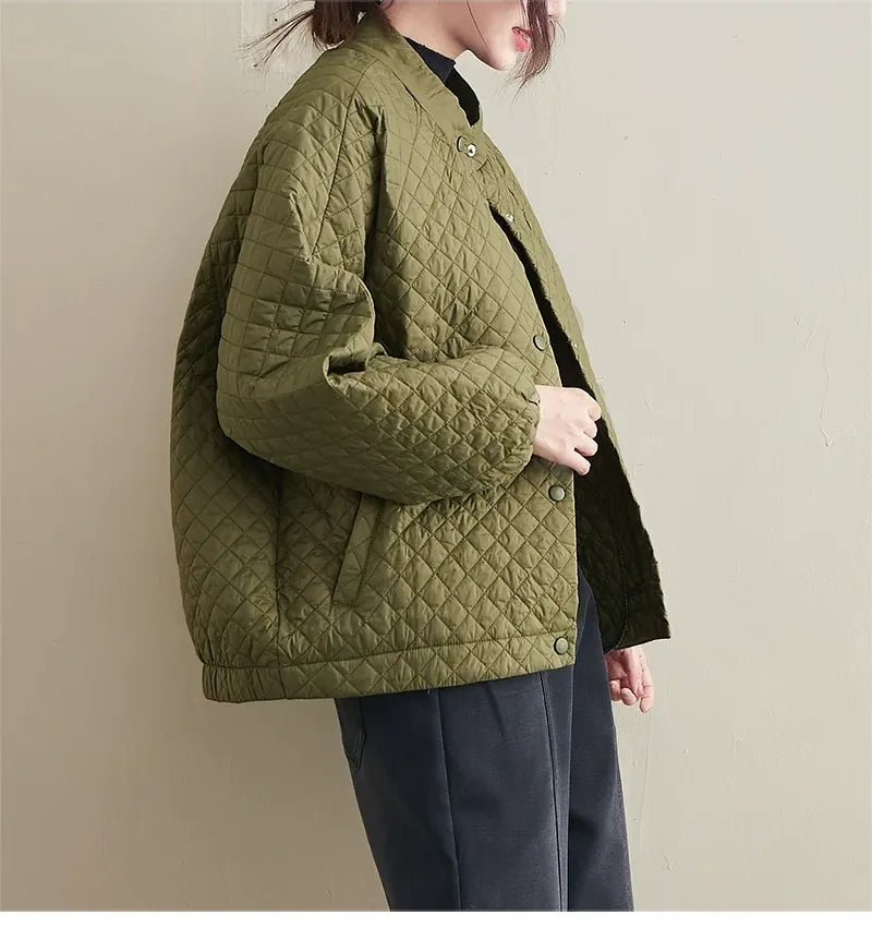 Quilted Padded Jacket Stand Collar Button Front
