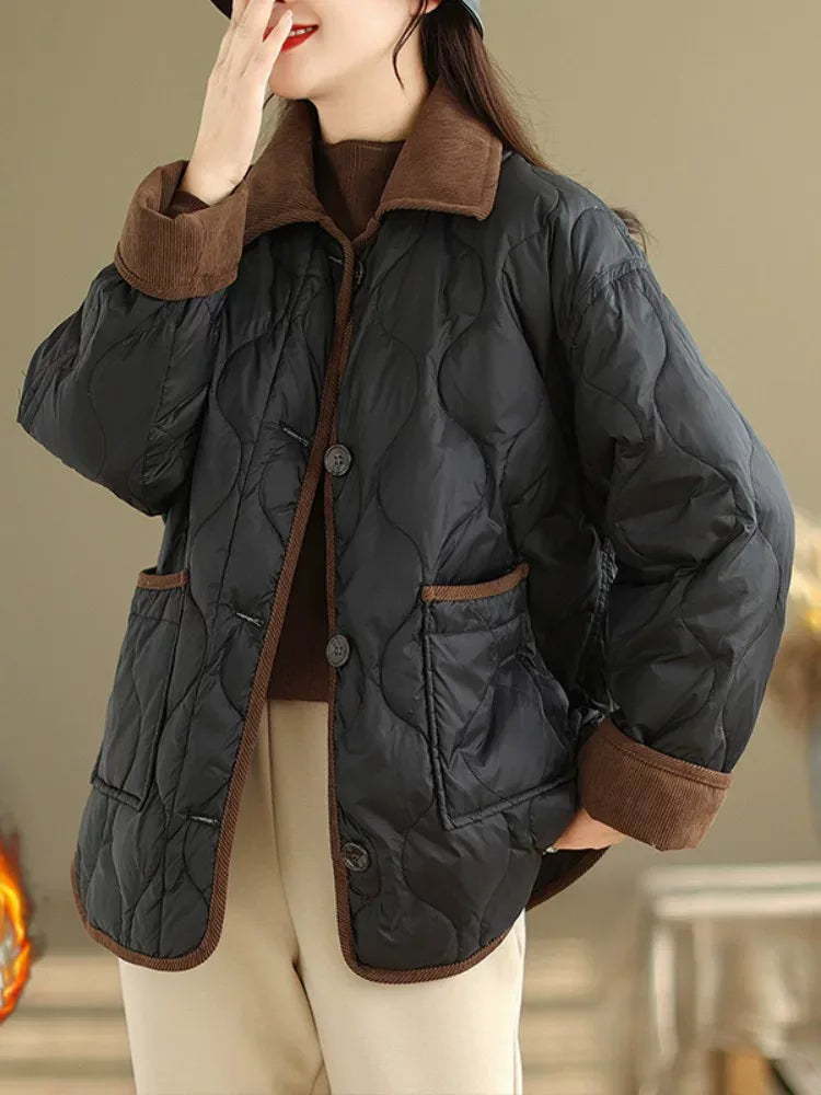 Quilted Padded Jacket with Contrast Corduroy Collar